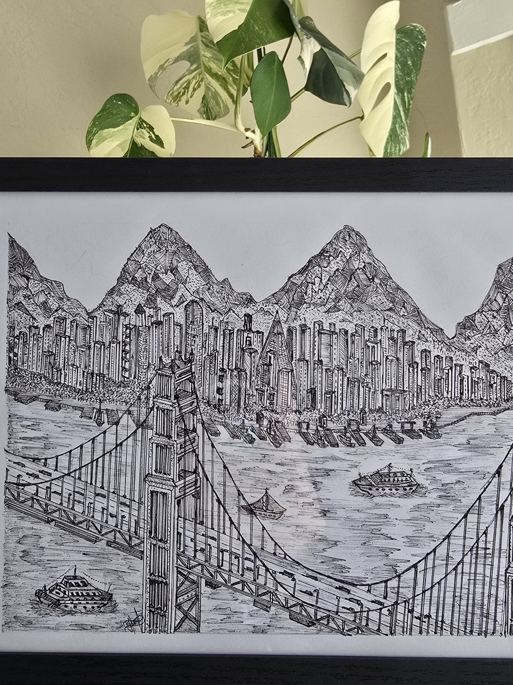 San Francisco art framed original Hand drawing. 01 golden gate bridge And City